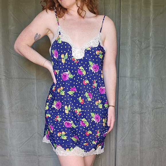 Vintage Victoria's Secret Gold Label Polka Dot & Floral Print Slip Dress